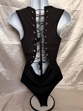 Black Lace-Up Corset-Back Bodysuit